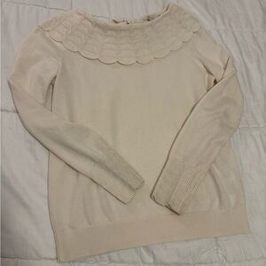 Boden Cream Scalloped Neck Tie Back Sweater | Natural Fibers Cotton Wool Blend